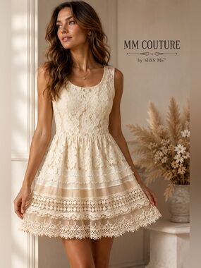MM Couture by Miss Me Ivory Lace Fit & Flare Dress Silk Trim S Western Boho C4